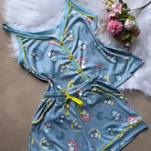 Pijama curto alça azul gatinho M