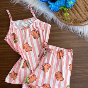 Pijama alça curto capivara listras rosa M
