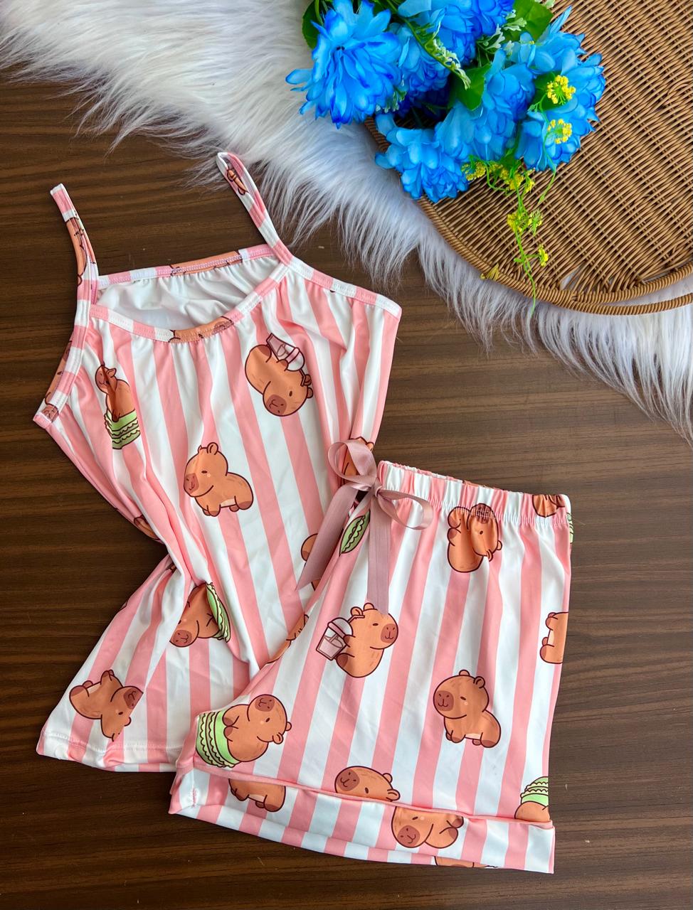 Pijama alça curto capivara listras rosa M