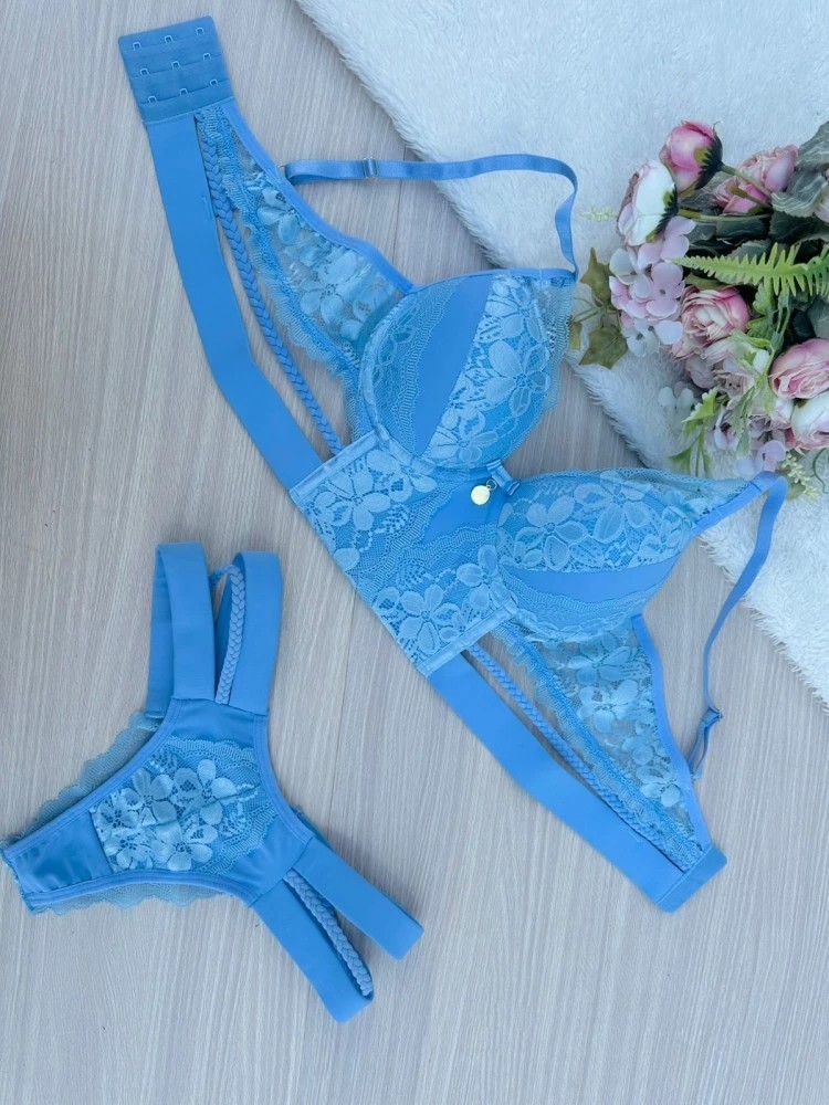 Conjunto lingerie luxo trançado a mão Azul Tiffany GG