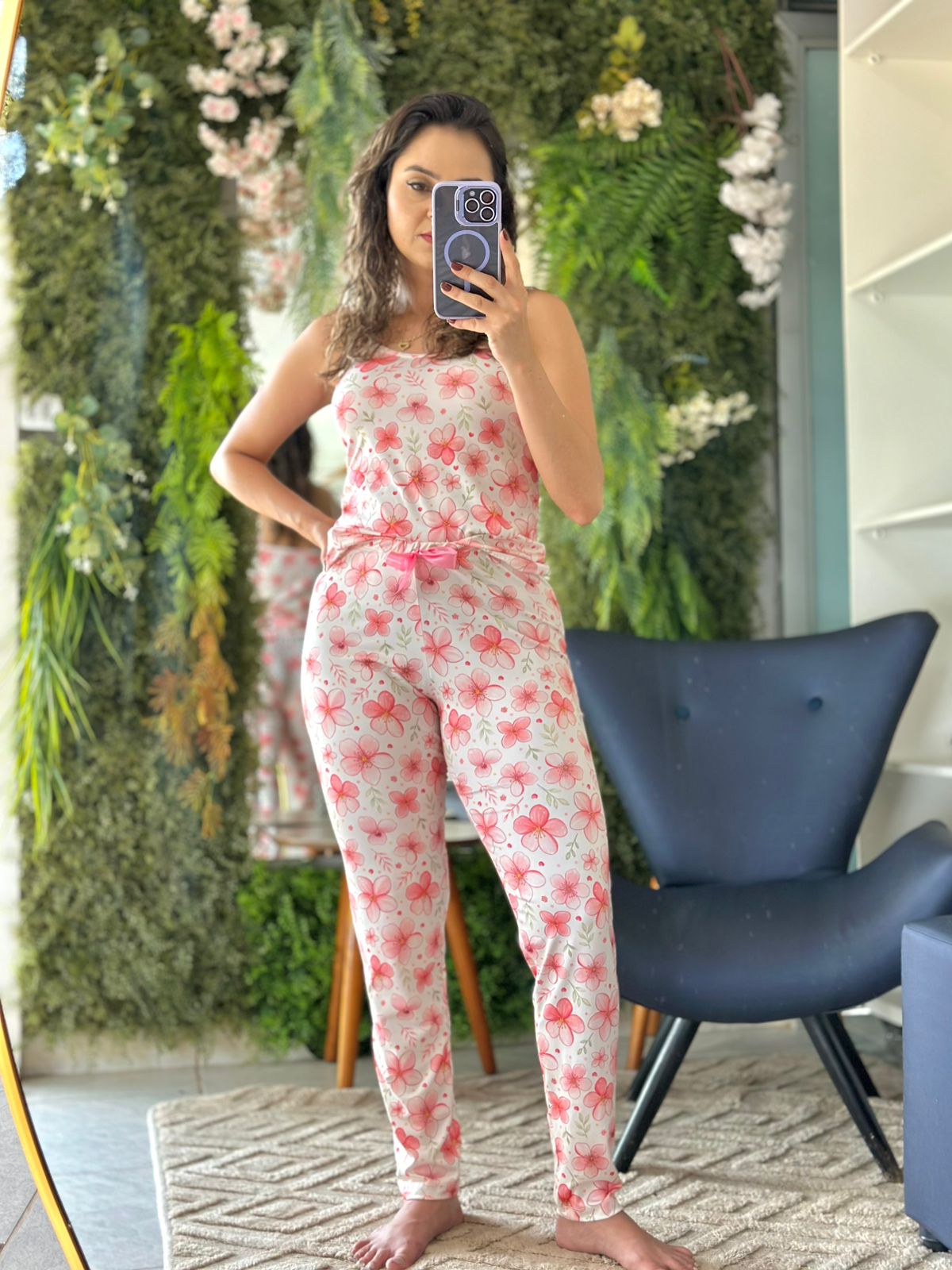 Pijama longo flores rosas M